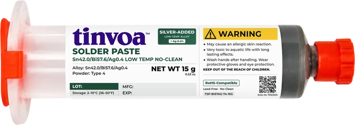 tinvoa Sn42/Bi57.6/Ag0.4 silver-added low-temp solder paste — 15 g syringe